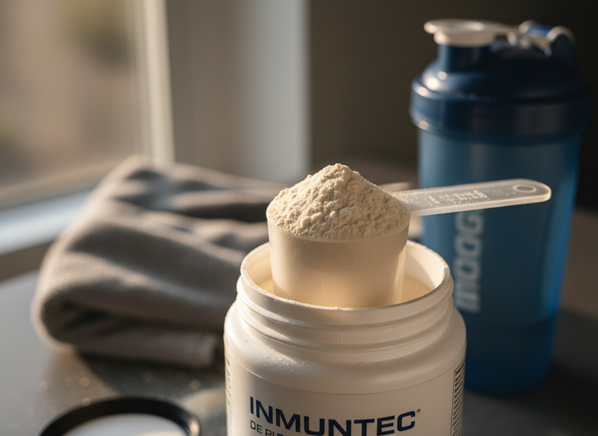 Un primer plano de una cuchara medidora de plástico transparente rebosante de proteína en polvo color marfil, apoyada sobre la boca de un bote cilíndrico blanco de suplemento Inmunotec. Pequeñas partículas de polvo se aprecian sobre la tapa y la superficie circundante, dando sensación de uso real. El fondo muestra de forma desenfocada una toalla de microfibra gris doblada y una botella shaker azul oscuro. Luz lateral cálida de tarde entrando por una ventana, creando sombras suaves y textura marcada en el polvo. Fotografía en estilo hiperrealista, con profundidad de campo muy reducida y encuadre cercano, transmitiendo energía, preparación y enfoque en el rendimiento físico.