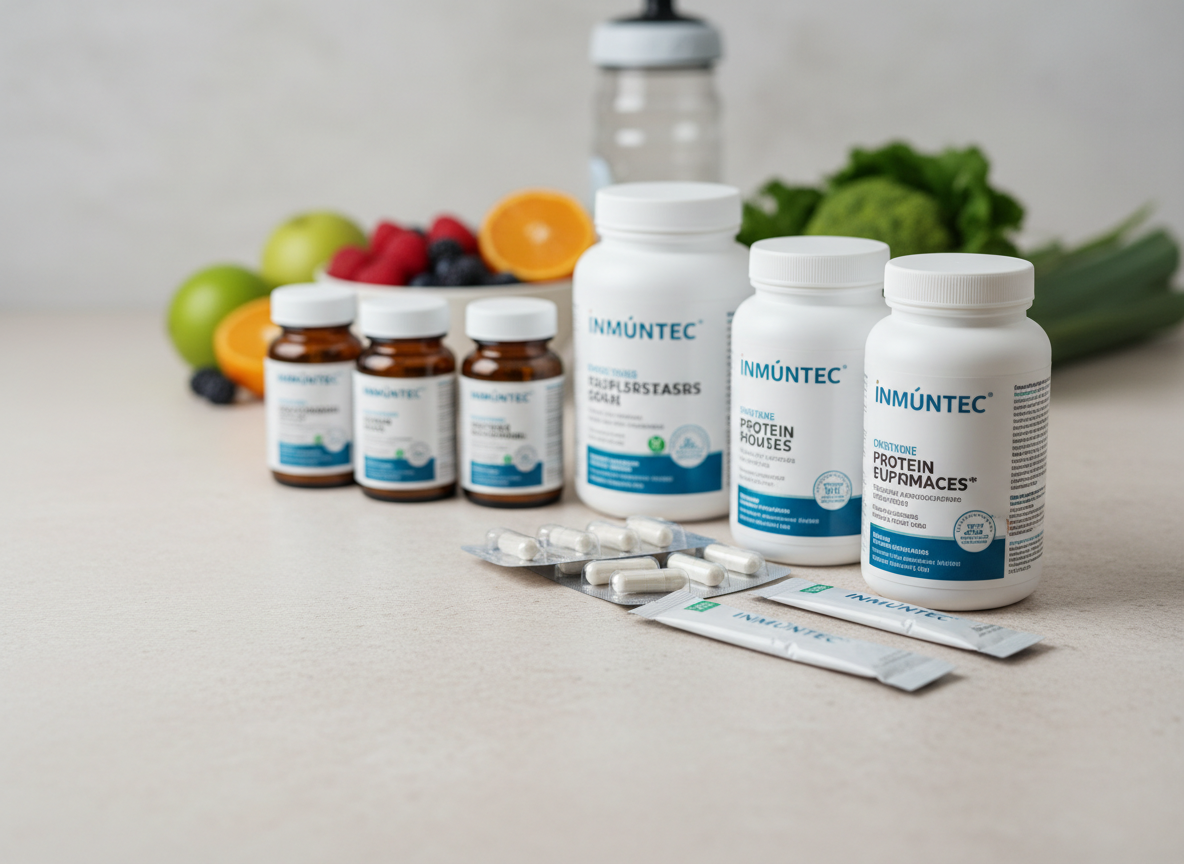 Una composición ordenada de diferentes suplementos y vitaminas de la marca Inmunotec: cápsulas en blister, frascos pequeños de vidrio ámbar, botes de proteína en polvo blanco mate y sobres individuales, todos con un diseño de etiqueta consistente en blanco, azul y verde. Están colocados sobre una superficie de piedra clara, formando una ligera diagonal hacia el fondo. Detrás, se aprecian sutilmente frutas frescas, hojas verdes y una botella de agua deportiva desenfocadas. Iluminación suave de estudio imitando luz diurna, destacando los volúmenes y colores sin brillos excesivos. Fotografía en estilo realista, vista ligeramente elevada, generando una sensación de profesionalismo, orden y rendimiento saludable.