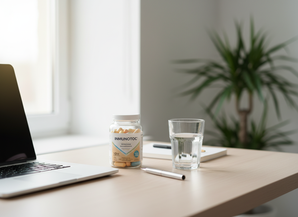 Un escritorio moderno de trabajo saludable, con una laptop plateada cerrada, una libreta de tapas blancas, un bolígrafo metálico y, al centro, un frasco de vitaminas Inmunotec con cápsulas de colores suaves visibles a través del vidrio. A un lado, un vaso de vidrio con agua cristalina y, al fondo, una planta de interior de hojas verdes intensas ligeramente desenfocada. La luz natural entra desde una ventana a la izquierda, generando un ambiente luminoso y equilibrado, sin sombras duras. Fotografía realista con composición en regla de tercios, vista ligeramente elevada, transmitiendo equilibrio entre productividad, bienestar y cuidado diario de la salud.