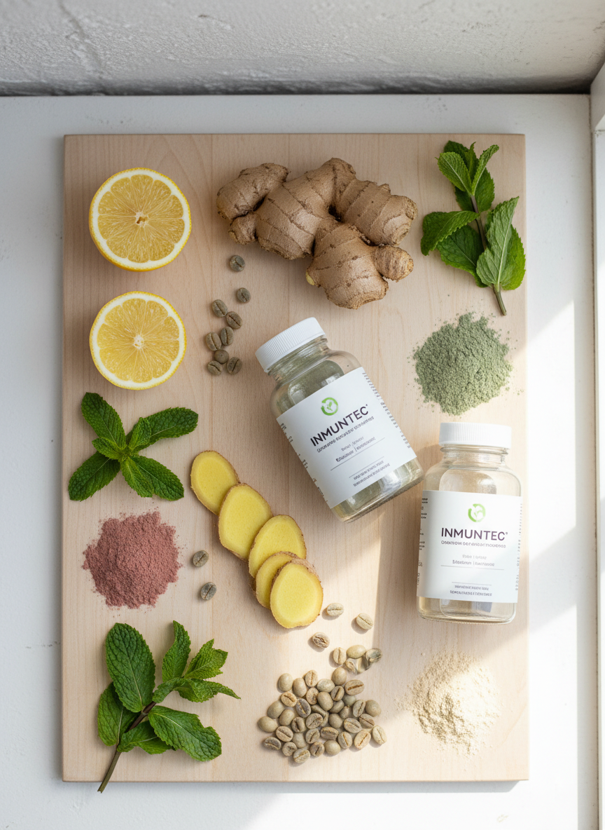 Un cuadro de ingredientes naturales organizados cuidadosamente sobre una tabla de madera clara: rodajas de limón, jengibre fresco, hojas de menta, granos de café verde y pequeños montones de polvos de distintos colores suaves. Entre ellos, se ubican dos frascos de suplementos Inmunotec con etiquetas limpias, conectando visualmente los ingredientes con el producto final. El fondo es una pared blanca texturizada, ligeramente desenfocada. Luz de ventana suave desde la derecha, resaltando las texturas de los ingredientes y el brillo sutil del vidrio. Fotografía realista, vista cenital tipo “flat lay”, estética limpia y natural que transmite pureza, origen natural y foco en la salud integral.