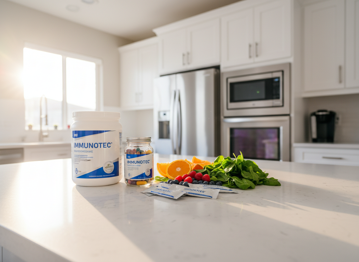 Una escena de cocina limpia y contemporánea con una isla central de cuarzo blanco. Sobre ella, un alineamiento cuidadoso de productos Inmunotec: un bote grande de proteína, un frasco de cápsulas, y varios sobres individuales listos para usarse. A su alrededor, ingredientes frescos como rodajas de naranja, frutos rojos y hojas de espinaca, colocados para sugerir recetas saludables. Al fondo, electrodomésticos de acero inoxidable y gabinetes blancos desenfocados. Luz natural intensa pero difusa entrando desde una gran ventana, creando reflejos controlados y ambiente vibrante. Fotografía realista, composición panorámica ligeramente inclinada, transmitiendo idea de rutina saludable y alimentación consciente.
